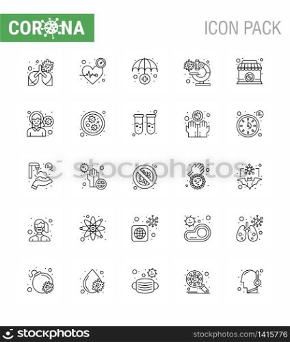 CORONAVIRUS 25 line Icon set on the theme of Corona epidemic contains icons such as shop, virus, care, microscope, bacteria viral coronavirus 2019-nov disease Vector Design Elements