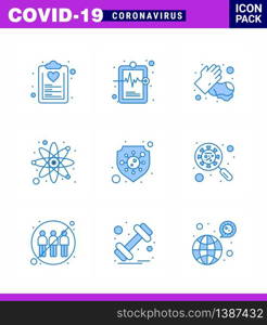 CORONAVIRUS 9 Blue Icon set on the theme of Corona epidemic contains icons such as protection, science, medical record, laboratory, washing viral coronavirus 2019-nov disease Vector Design Elements