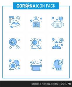 CORONAVIRUS 9 Blue Icon set on the theme of Corona epidemic contains icons such as search, germs, hand sanitizer, find, safety viral coronavirus 2019-nov disease Vector Design Elements