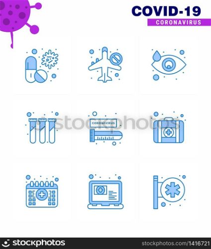 CORONAVIRUS 9 Blue Icon set on the theme of Corona epidemic contains icons such as test, experiment, banned, tear, drop viral coronavirus 2019-nov disease Vector Design Elements