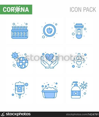 CORONAVIRUS 9 Blue Icon set on the theme of Corona epidemic contains icons such as hands, virus, test, pandemic, incident viral coronavirus 2019-nov disease Vector Design Elements