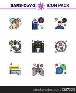 CORONAVIRUS 9 Filled Line Flat Color Icon set on the theme of Corona epidemic contains icons such as hospital, building, ask a doctor, virus, laboratory viral coronavirus 2019-nov disease Vector Design Elements