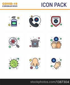 CORONAVIRUS 9 Filled Line Flat Color Icon set on the theme of Corona epidemic contains icons such as hygiene, medical, protection, kit, scan viral coronavirus 2019-nov disease Vector Design Elements