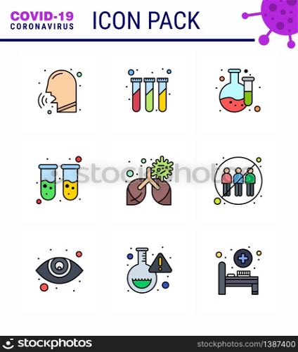 CORONAVIRUS 9 Filled Line Flat Color Icon set on the theme of Corona epidemic contains icons such as disease, lab, test tubes, test tube, blood viral coronavirus 2019-nov disease Vector Design Elements