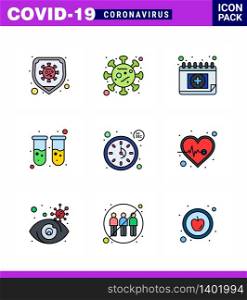 CORONAVIRUS 9 Filled Line Flat Color Icon set on the theme of Corona epidemic contains icons such as seconds, lab, appointment, test tube, blood viral coronavirus 2019-nov disease Vector Design Elements
