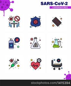 CORONAVIRUS 9 Filled Line Flat Color Icon set on the theme of Corona epidemic contains icons such as lab, protection, capsule, virus, cleaning viral coronavirus 2019-nov disease Vector Design Elements