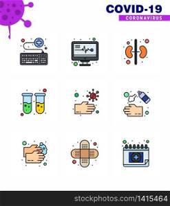 CORONAVIRUS 9 Filled Line Flat Color Icon set on the theme of Corona epidemic contains icons such as hands, bacteria, human, lab, blood test viral coronavirus 2019-nov disease Vector Design Elements
