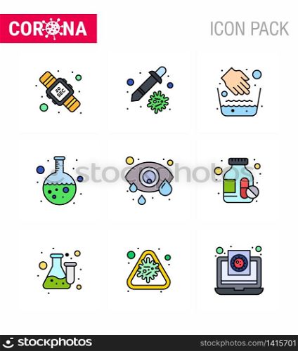 CORONAVIRUS 9 Filled Line Flat Color Icon set on the theme of Corona epidemic contains icons such as eye, research, hands, lab, test viral coronavirus 2019-nov disease Vector Design Elements