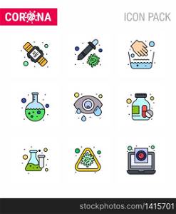 CORONAVIRUS 9 Filled Line Flat Color Icon set on the theme of Corona epidemic contains icons such as eye, research, hands, lab, test viral coronavirus 2019-nov disease Vector Design Elements