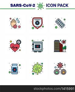 CORONAVIRUS 9 Filled Line Flat Color Icon set on the theme of Corona epidemic contains icons such as care, pulse, fitness, heart, tablet viral coronavirus 2019-nov disease Vector Design Elements