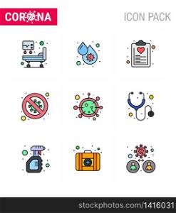 CORONAVIRUS 9 Filled Line Flat Color Icon set on the theme of Corona epidemic contains icons such as scientist, forbidden, check list, diagnosis, plan viral coronavirus 2019-nov disease Vector Design Elements