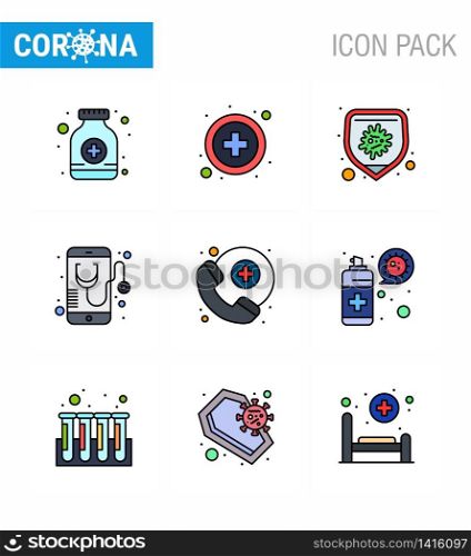 CORONAVIRUS 9 Filled Line Flat Color Icon set on the theme of Corona epidemic contains icons such as medical assistance, online, bacteria, mobile, healthcare viral coronavirus 2019-nov disease Vector Design Elements