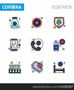 CORONAVIRUS 9 Filled Line Flat Color Icon set on the theme of Corona epidemic contains icons such as medical assistance, online, bacteria, mobile, healthcare viral coronavirus 2019-nov disease Vector Design Elements