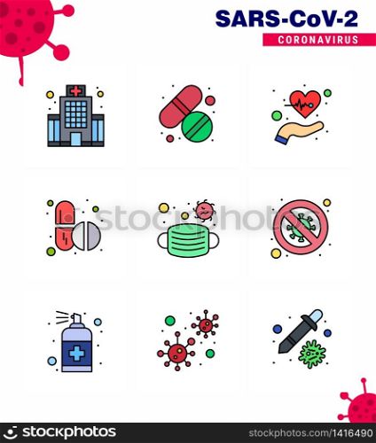 CORONAVIRUS 9 Filled Line Flat Color Icon set on the theme of Corona epidemic contains icons such as face, tablets, beat, pills, pulses viral coronavirus 2019-nov disease Vector Design Elements