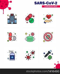CORONAVIRUS 9 Filled Line Flat Color Icon set on the theme of Corona epidemic contains icons such as face, tablets, beat, pills, pulses viral coronavirus 2019-nov disease Vector Design Elements