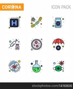 CORONAVIRUS 9 Filled Line Flat Color Icon set on the theme of Corona epidemic contains icons such as vaccine, injection, drugs, drugs, medicine viral coronavirus 2019-nov disease Vector Design Elements