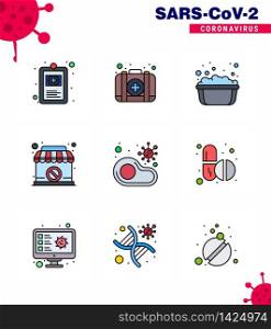 CORONAVIRUS 9 Filled Line Flat Color Icon set on the theme of Corona epidemic contains icons such as food, banned, basin, sign, closed viral coronavirus 2019-nov disease Vector Design Elements