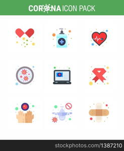 CORONAVIRUS 9 Flat Color Icon set on the theme of Corona epidemic contains icons such as question, medical, beat, virus, bacteria viral coronavirus 2019-nov disease Vector Design Elements