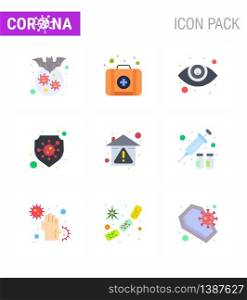 CORONAVIRUS 9 Flat Color Icon set on the theme of Corona epidemic contains icons such as prevent, home, eye care, virus, safety viral coronavirus 2019-nov disease Vector Design Elements