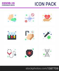 CORONAVIRUS 9 Flat Color Icon set on the theme of Corona epidemic contains icons such as twenty seconds, medical, care, hands, test viral coronavirus 2019-nov disease Vector Design Elements