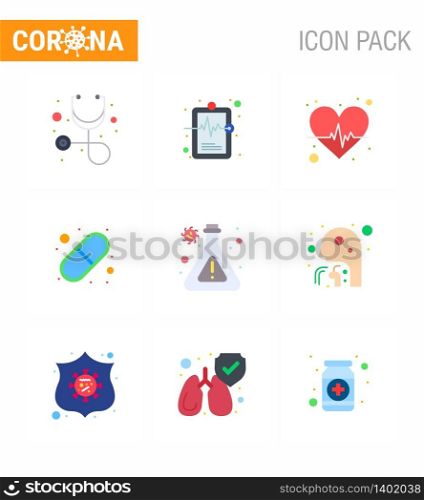 CORONAVIRUS 9 Flat Color Icon set on the theme of Corona epidemic contains icons such as research, flask, heart, pills, medical viral coronavirus 2019-nov disease Vector Design Elements