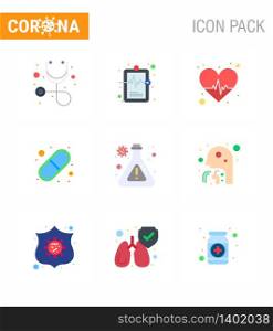 CORONAVIRUS 9 Flat Color Icon set on the theme of Corona epidemic contains icons such as research, flask, heart, pills, medical viral coronavirus 2019-nov disease Vector Design Elements