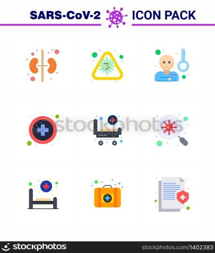 CORONAVIRUS 9 Flat Color Icon set on the theme of Corona epidemic contains icons such as hospital, strature, fever, medical sign, healthcare viral coronavirus 2019-nov disease Vector Design Elements