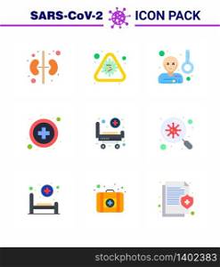 CORONAVIRUS 9 Flat Color Icon set on the theme of Corona epidemic contains icons such as hospital, strature, fever, medical sign, healthcare viral coronavirus 2019-nov disease Vector Design Elements