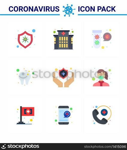 CORONAVIRUS 9 Flat Color Icon set on the theme of Corona epidemic contains icons such as shield, medical, elucation, tooth, care viral coronavirus 2019-nov disease Vector Design Elements
