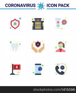 CORONAVIRUS 9 Flat Color Icon set on the theme of Corona epidemic contains icons such as shield, medical, elucation, tooth, care viral coronavirus 2019-nov disease Vector Design Elements