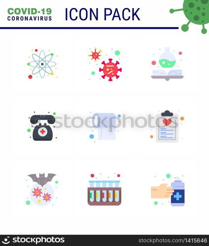 CORONAVIRUS 9 Flat Color Icon set on the theme of Corona epidemic contains icons such as tissue, paper, handbook, emergency, medical assistance viral coronavirus 2019-nov disease Vector Design Elements