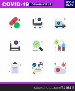 CORONAVIRUS 9 Flat Color Icon set on the theme of Corona epidemic contains icons such as corona, care, ambulance, patient, bed viral coronavirus 2019-nov disease Vector Design Elements