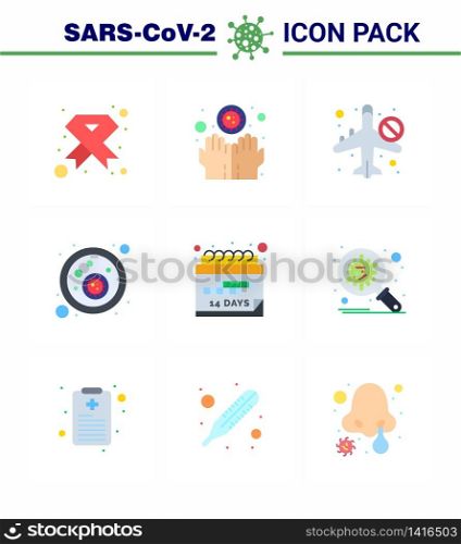 CORONAVIRUS 9 Flat Color Icon set on the theme of Corona epidemic contains icons such as covid, blood bacteria, hands, airoplan, banned viral coronavirus 2019-nov disease Vector Design Elements