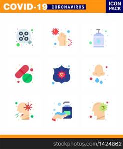 CORONAVIRUS 9 Flat Color Icon set on the theme of Corona epidemic contains icons such as protection, tablet, infect, pill, sanitizer viral coronavirus 2019-nov disease Vector Design Elements