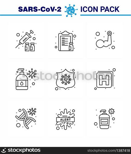 CORONAVIRUS 9 Line Icon set on the theme of Corona epidemic contains icons such as virus protection, manicure, paper, hand wash, muscle viral coronavirus 2019-nov disease Vector Design Elements