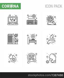 CORONAVIRUS 9 Line Icon set on the theme of Corona epidemic contains icons such as protection, city, survice, building, security viral coronavirus 2019-nov disease Vector Design Elements