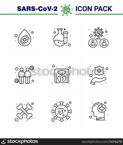 CORONAVIRUS 9 Line Icon set on the theme of Corona epidemic contains icons such as weight, management, people, transmitters, spread viral coronavirus 2019-nov disease Vector Design Elements