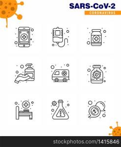 CORONAVIRUS 9 Line Icon set on the theme of Corona epidemic contains icons such as car, sanitizer, form, hand sanitizer, corona viral coronavirus 2019-nov disease Vector Design Elements