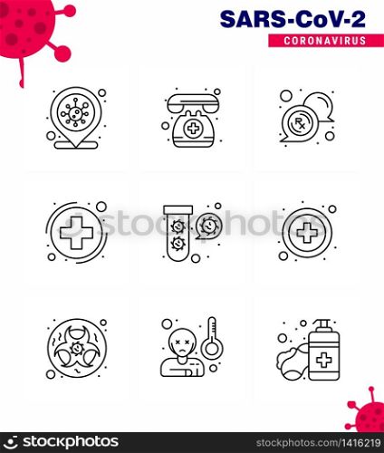 CORONAVIRUS 9 Line Icon set on the theme of Corona epidemic contains icons such as elucation, sign, bubble, healthcare, medica viral coronavirus 2019-nov disease Vector Design Elements