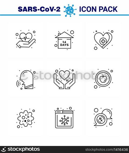 CORONAVIRUS 9 Line Icon set on the theme of Corona epidemic contains icons such as hands, fever, love, couph, nose viral coronavirus 2019-nov disease Vector Design Elements
