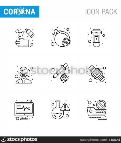 CORONAVIRUS 9 Line Icon set on the theme of Corona epidemic contains icons such as dropper, safety, blood, protection, face viral coronavirus 2019-nov disease Vector Design Elements