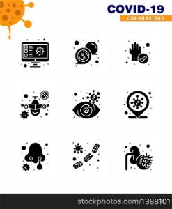 CORONAVIRUS 9 Solid Glyph Black Icon set on the theme of Corona epidemic contains icons such as eye, travel, rx, prohibit, cleaned viral coronavirus 2019-nov disease Vector Design Elements