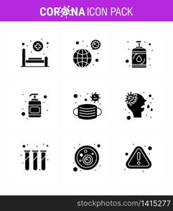 CORONAVIRUS 9 Solid Glyph Black Icon set on the theme of Corona epidemic contains icons such as mask, sanitizer, virus, hand sanitizer, sanitizer viral coronavirus 2019-nov disease Vector Design Elements