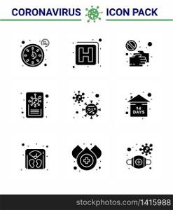 CORONAVIRUS 9 Solid Glyph Black Icon set on the theme of Corona epidemic contains icons such as coronavirus, virus, hand, report, touch viral coronavirus 2019-nov disease Vector Design Elements