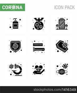 CORONAVIRUS 9 Solid Glyph Black Icon set on the theme of Corona epidemic contains icons such as blood test, virus, building, disease, protection viral coronavirus 2019-nov disease Vector Design Elements