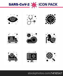 CORONAVIRUS 9 Solid Glyph Black Icon set on the theme of Corona epidemic contains icons such as meat, bacteria, covid, transport, car viral coronavirus 2019-nov disease Vector Design Elements
