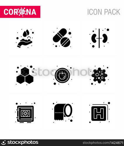 CORONAVIRUS 9 Solid Glyph Black Icon set on the theme of Corona epidemic contains icons such as healthy, apple, human, science, experiment viral coronavirus 2019-nov disease Vector Design Elements