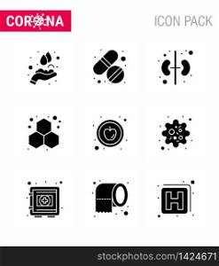 CORONAVIRUS 9 Solid Glyph Black Icon set on the theme of Corona epidemic contains icons such as healthy, apple, human, science, experiment viral coronavirus 2019-nov disease Vector Design Elements