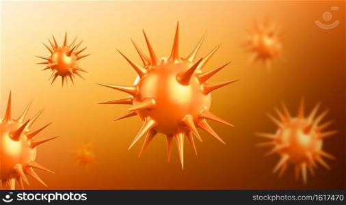 Coronavirus abstract background with corona virus or sars pathogen cells flying. Covid 19 disease vaccination, outbreak and pandemic, medical health risk concept. Realistic 3d vector illustration. Coronavirus background corona virus or sars cells