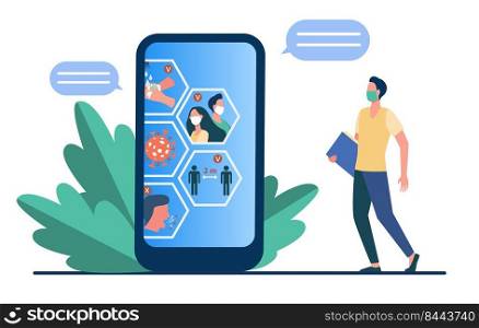Coronavirus awareness chat. Phone user in mas looking at screen with covid restriction infographics flat vector illustration. Epidemic, pandemic concept for banner, website design or landing web page